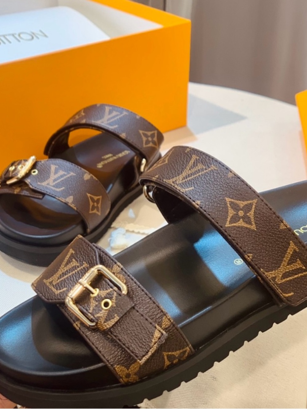 Louis Vuitton Monogram Double-Strap Slides in Brown & Black with Gold Buckles